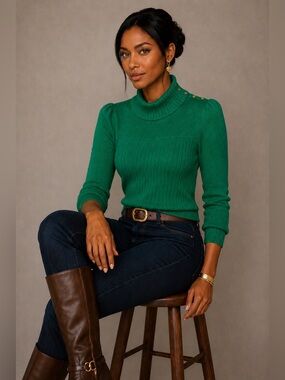 Vintage St John Ribbed Turtleneck Sweater Kelly Green Gold Button Size Small